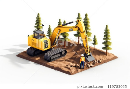 land development concept backhoe clearing in forest isometric and enginneer working with worker , Minimalist 119783035