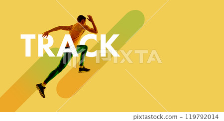 Focused man, muscular athlete in motion, running fast, training to compete in marathon, set on yellow background. Creative colorful collage. 119792014