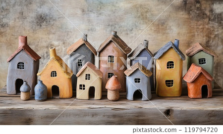 Clay houses in various earthy tones are beautifully arranged on a rustic wooden table 119794720