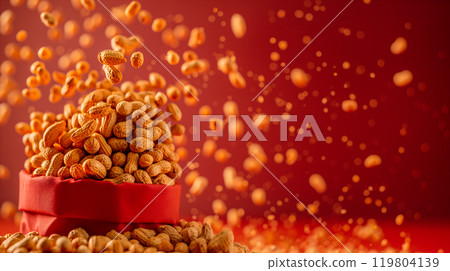 Golden chickpeas spilling from burlap sack on vibrant red background. Generative AI 119804139