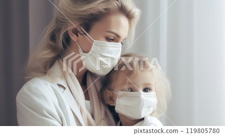 Tender Motherhood, Woman in White Holding Child Close, Both Wearing Masks 119805780