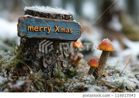 Merry Christmas by mushrooms in snow 119817043