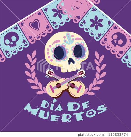 Day of the Dead skull with guitars and papel picado, Vector 119833774