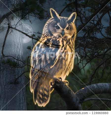 An owl with a mystical golden aura sits on a branch, framed by night trees and a full moon in the background. This image exudes mystery and enchantment in the nighttime forest. 119860860