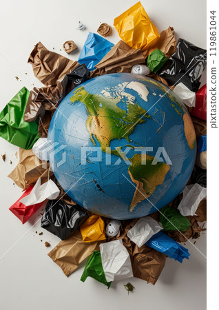 A globe with trash in the background, symbolizing the issues of environmental pollution and climate change.  119861044