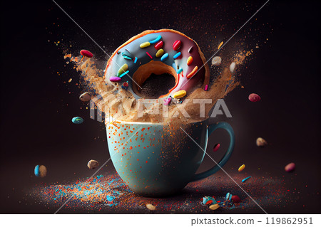 handmade donut flying in the air are on a black background with a cup of cappuccino. Fake bakery, craft concept, diet joke, proper breakfast. Levitation 119862951