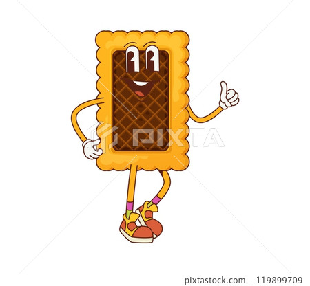 Cartoon cookie funny groovy character. Vector dessert personage with chocolate wafer and biscuit. Fairytale y2k bakery with smiling face and big eyes showing thumbs-up. Fresh crispy retro pastry 119899709