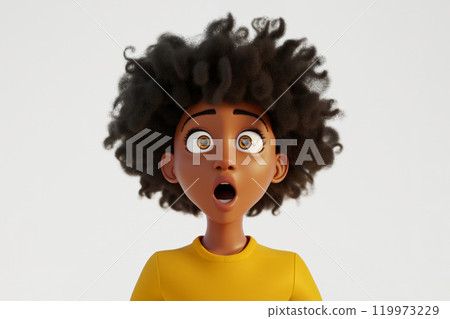 Surprised shocked scared African cartoon character young adult woman female girl person with big eyes in 3d style design on light background. Human people feelings expression concept 119973229