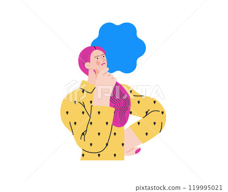 Thinking people, modern flat vector concept illustration- woman standing thoughtfully, looking upwards, bubble near head Metaphor for reflection, analysis, introspection, contemplation, deep thought 119995021