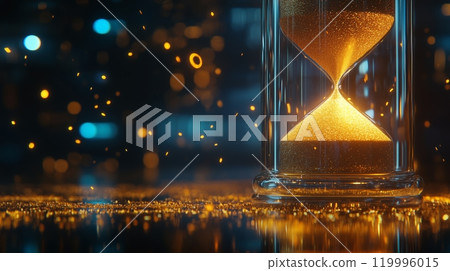 An hourglass with golden sand, glowing and sparkling in the dark background. 119996015