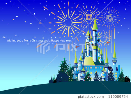 Christmas and New Year card with fireworks and a castle in the background 119009734