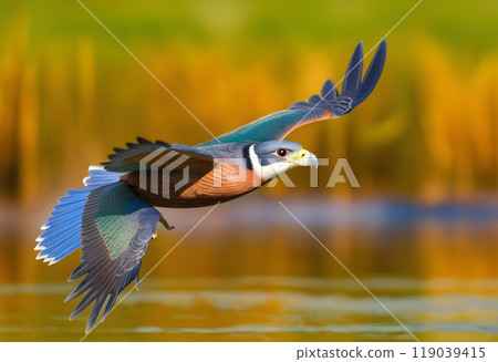 Flying (Falco tinnunculus) hunting in a shaking flight, Oldenburger Muensterland, Vechta, Lower Saxony, Germany, Europe 119039415