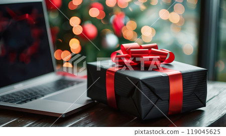 Black gift boxes with red ribbon on a notebook and wooden desk background. Black Friday sale event template design for poster and social media post. AI generated. 119045625