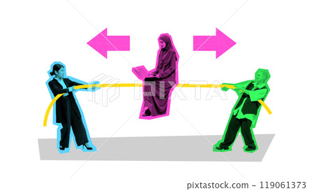 Poster. Contemporary art collage. Businesswomen pull opposite directions on rope while Muslim woman works calmly on laptop. 119061373