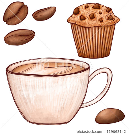 Digital illustration of a coffee cup with a latte, surrounded by coffee beans and a muffin. Hand-drawn cappuccino in warm tones, perfect for cafe-theme design, menu, print, or food-related projects 119062142