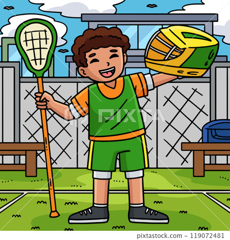 Lacrosse Player Holding Stick and Helmet Colored  119072481