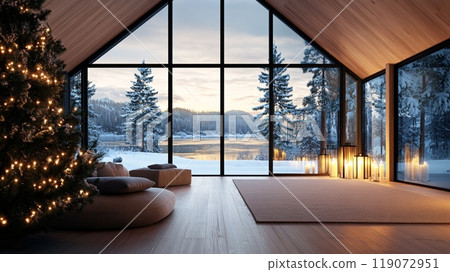 Cozy Winter Cabin with Large Windows Overlooking Snowy Landscape at Sunset 119072951