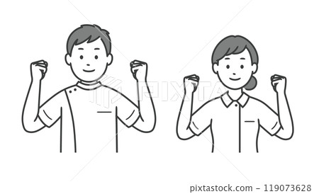 Upper body illustration of a male and female nurse doing a fist pump 119073628