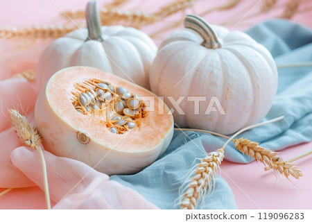 Autumn Art Composition. Blue Napkin, White Orange Pumpkins and Pampas Grass. Front View. Hygge. Thanksgiving Fall Decoration with Stalks of Wheat. Halloween Modern Greeting Card. Harvest Festival 119096283