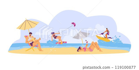 Vector illustration of people relaxing on the beach: sailing on a jet ski, kiteboard, reading 119100877