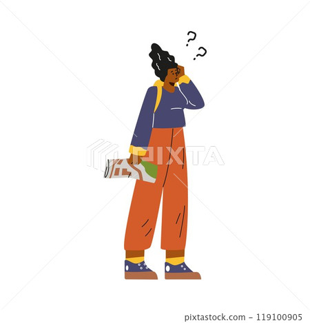 Vector illustration of a lost dark skinned woman with a backpack and a map. 119100905