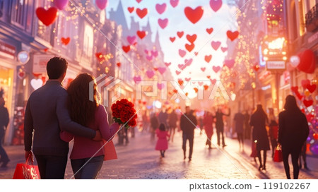 Couple Enjoying a Romantic Stroll on Vibrant City Street Amidst Valentine's Day Festivities 119102267