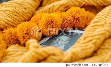 Vibrant Marigold Garland Adorning a Black and White Portrait, AI 119104913