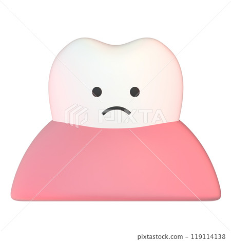 3D illustration of a character with white teeth and gums with a face seen from the front (worried face) 119114138