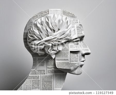 Human Brain in Newspaper Collage Style Symbolizing Learning, Imagination and Mental Capacity Suitable For Educational Concepts 119127349