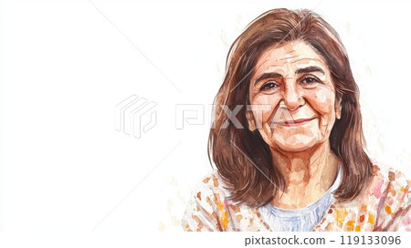 Old Persian Woman with Brown Straight Hair watercolor illustration. 119133096