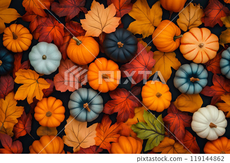 Autumn flat lay featuring pumpkins, candles, and leaves background. Concept of fall, harvest, and Halloween decoration 119144862