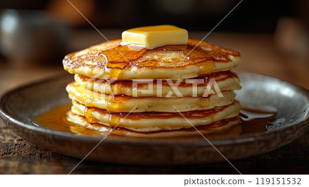 A stack of fluffy pancakes, topped with melted butter and maple syrup. 119151532