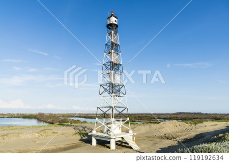 View of the Guosheng Lighthouse in Qigu, Tainan, Taiwan. The westernmost point of Taiwan and Taijiang National Park Attractions. 119192634