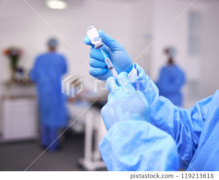 Hands, healthcare and syringe with a doctor in scrubs at the hospital for treatment of disease. Medical, injection and needle with a medicine professional or surgeon getting ready for an operation 119213618