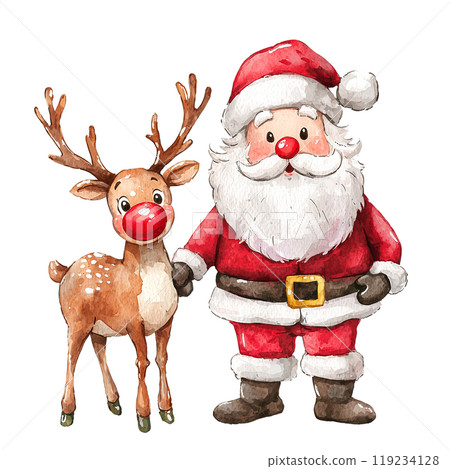 Santa Claus and Rudolph reindeer on a transparent background. Great for Christmas designs, festive illustrations, holiday cards, and decorations, ideal for Christmas-related projects. 119234128