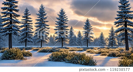 A peaceful winter landscape with frosted trees, wildlife, and a hint of sunlight breaking through the clouds. 119238577