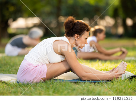 Adult woman doing stretching in park 119281535