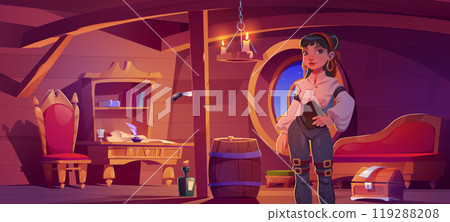 Young girl pirate stands in wooden cabin of ship 119288208