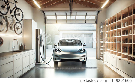 Spacious garage interior featuring an electric car connected to a wall-mounted charging station. Polished concrete floors and modern storage cabinets enhance the clean, orderly space, with sunlight 119295606