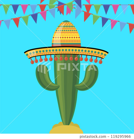 Vector green cactus with traditionally mexican sombrero. Cinco de mayo symbol on blue background. 119295966