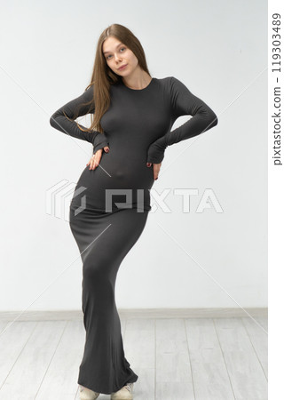 dress female expectant pregnancy background motherhood black positive maternity tummy mother girl 119303489