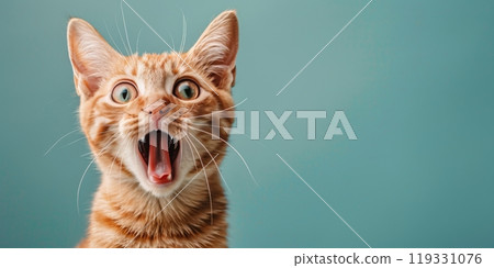 A surprised orange tabby cat with expressive eyes on a light blue background 119331076