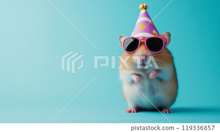 Cute hamster in party hat and sunglasses against blue background 119336857