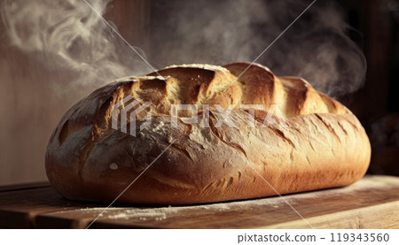 Hot bread freshly baked in the oven with a crispy crust made from white wheat flour that is still steaming. In the background of the bakery is an oven with shelves for bakery products. Close-up 119343560