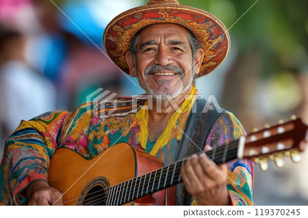 A smiling Hispanic elderly man with a colorful hat and poncho, playing a guitar outdoors joyfully 119370245