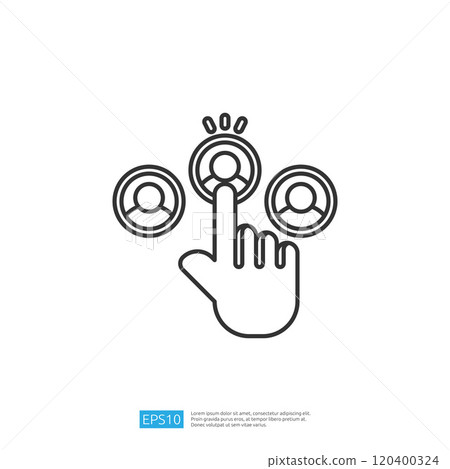 A hand is depicted selecting one of three user icons, symbolizing interaction or choice in a digital interface. 120400324