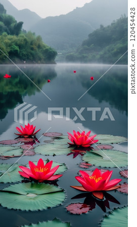 Blooming red lotus flowers on tranquil water surface in a serene natural landscape 120454428