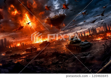 A painting of a war scene with a large explosion in the background. 120460845