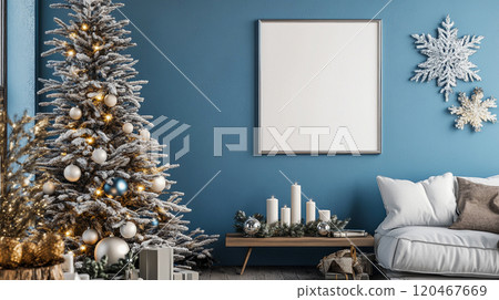 Christmas tree in Scandinavian style Minimalism interior. Blue wall in modern living room with New year snowflakes decor New Year's festive ornaments This is AI-generated item 120467669