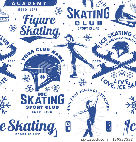 Ice Skate club seamless pattern design. Background, wallpaper, seamless pattern with skate, skates blades and helmet . Winter sport. Vector illustration. 120537558